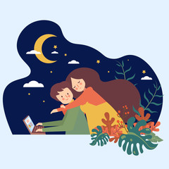 Woman Hug Man Working on laptop  at  the Window in the Night Sky Character Illustration Vector