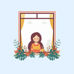 Fototapeta na wymiar Woman Hold a Coffee Mug at Floral Window Illustration Vector