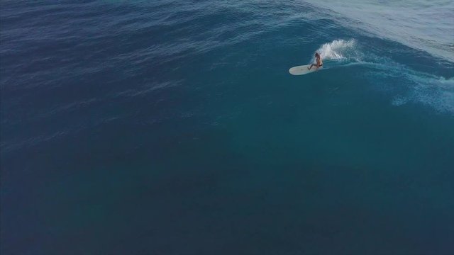 Aerial view of the surfer riding the wave and other surfers paddling. Makaha surf spot, Oahu, Hawaii