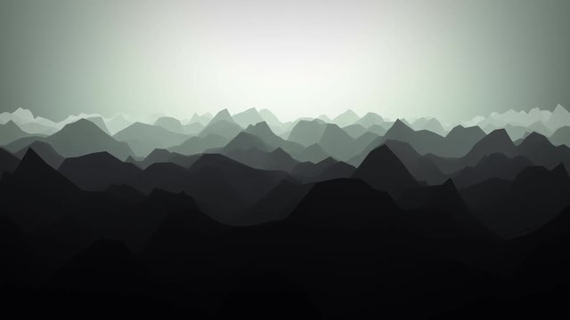 3D render of low polygon mountains, animated camera fly over minimalist fantasy landscape.