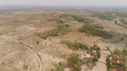 agricultural land in rural areas with farmlands, fields with crops, trees in arid hilly terrain. aerial view growing crops in asia in hilly areas Indonesia.