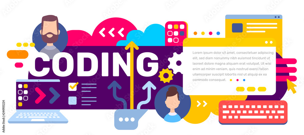 Wall mural vector creative illustration of coding word typography with laptop and head of people in bubble on b