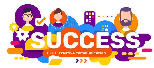 Vector creative illustration of business success word typography with cloud, mobile phone and head of people in bubble on bright color background.