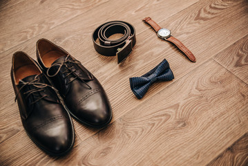 belt, shoes, butterfly, watches men's clothing attributes on an isolated background