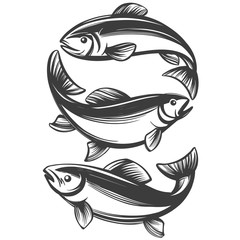 fish set icon, fishing symbol, hand drawn vector illustration realistic sketch