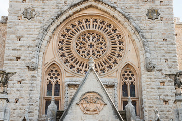 Detail of beautiful gothic cathedral Saint Bartholomew in the central square of Soller, Mallorca island, Spain
