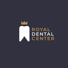 Luxury elegant dentist logo design template.  Tooth with crown creative symbol. Dental clinic vector sign mark icon.