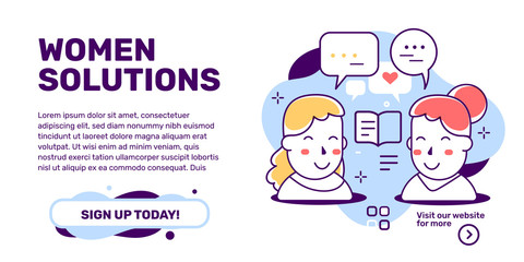 Vector creative illustration of women solutions with head of people with speech bubble on white background with text.