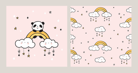 Greeting card with cute panda, gold rainbow, funny clouds and stars. Seamless pattern for children's textiles, wallpapers, gift wraps and scrapbook. Pink background. Vector.