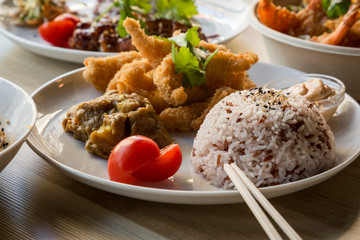 Delicious Asian food, for deliver at home, dinner with family and friends
