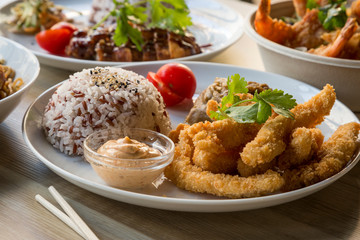 Delicious Asian food, for deliver at home, dinner with family and friends