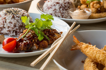 Delicious Asian food, for deliver at home, dinner with family and friends