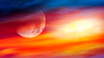 Moon and Sun . Bright colorful sunset . Light from sky 