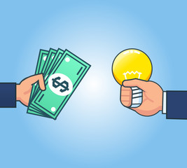 Sell or buy idea, intellectual property, startup. Hand holds money and idea light bulb. Flat design vector illustration