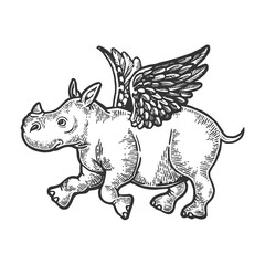 Angel flying baby little rhinoceros engraving vector illustration. Scratch board style imitation. Black and white hand drawn image.