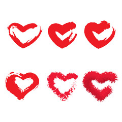 Icon set of red heart .Painted Hearts from Grunge Brush Strokes. Collection of love symbols for Valentine card, banner. texture design elements. Isolated on white background. Vector illustration