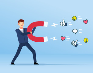 Cheerful businessman holds big magnet. Magnetize, attract social media icons. Flat design vector illustration