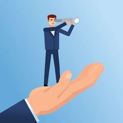 Small businessman with spyglass stands on big hand. Business growth, mentoring. Flat design vector illustration