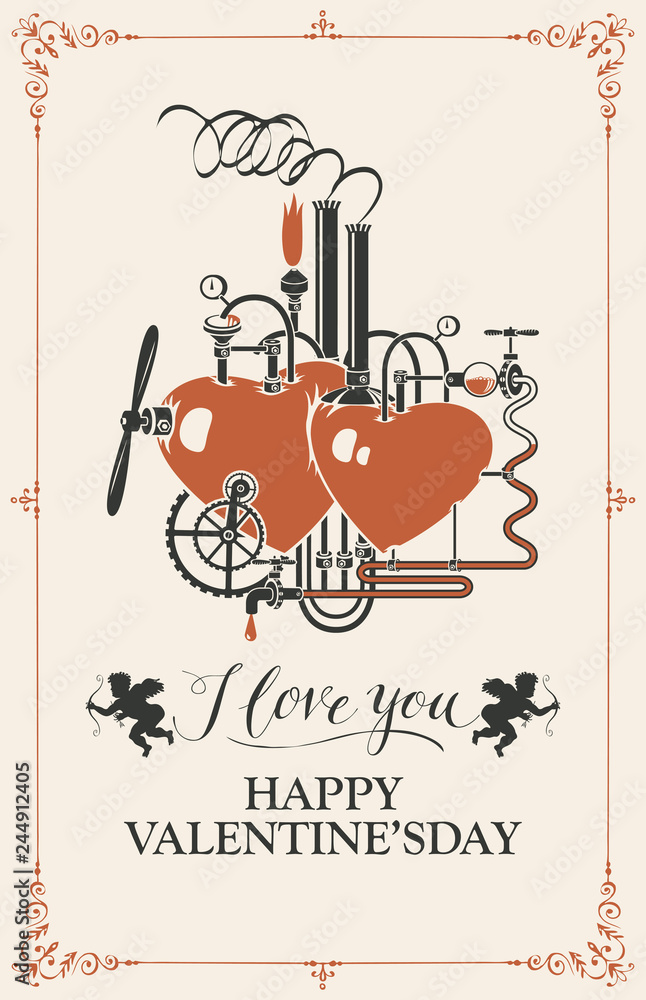 Poster vector valentine card or banner with two hearts connected by different mechanisms and pipes. love fa