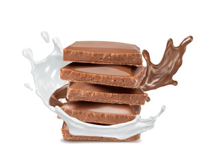 milk splash and chocolate isolated on white