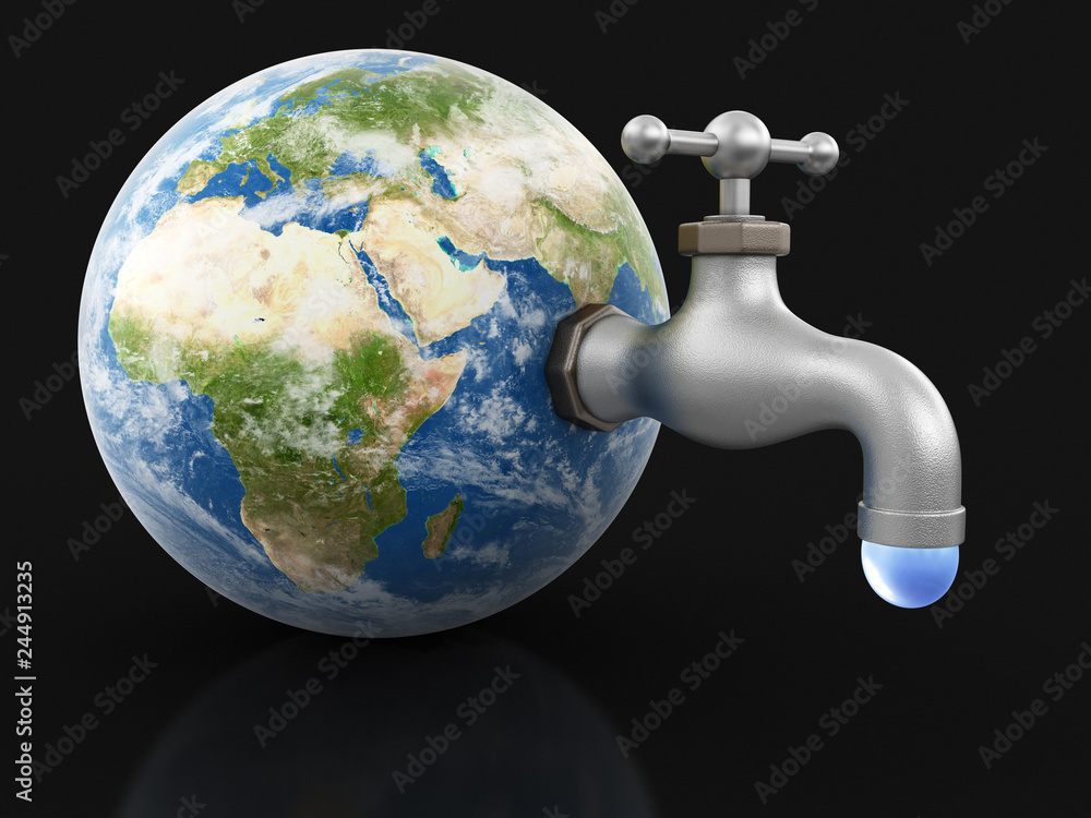 Wall mural 3d globe with water tap. image with clipping path