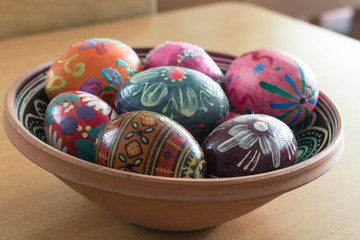 Painted Easter Eggs in a Clay Plate