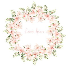 Beautiful Watercolor wreath with spring flowers and eucalyptus leaves. 