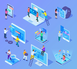 People and app interfaces isometric concept. Users and developers work with mobile phone and computer ui. 3d vector icons set. People development technology application construction