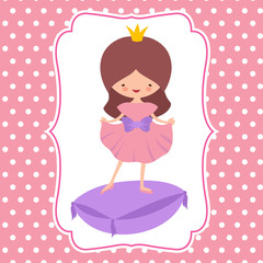 Little cartoon character sweet princess vector card template. Woman princess costume, avatar girl child with crown