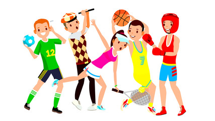 Athlete Set Vector. Man, Woman. Handball, Golf, Tennis, Basketball, Boxing. Group Of Sports People In Uniform, Apparel. Sportsman Character In Game Action. Flat Cartoon Illustration