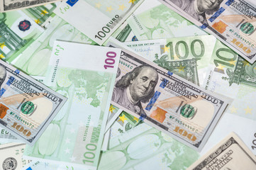 Dollars and euro bills background. Close up cash money.