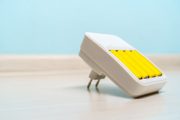 Picture of charger with two yellow batteries