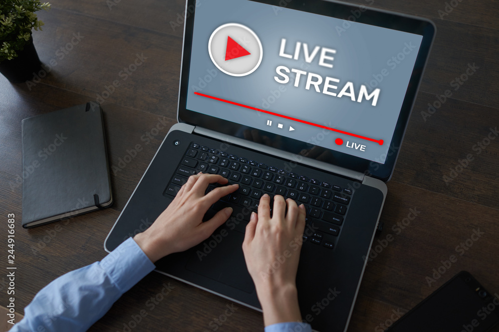 Aufkleber live stream transmit or receive video and audio coverage over the internet. digital marketing and ad