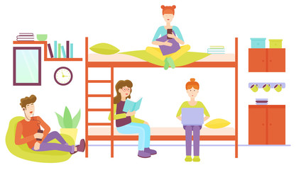 Dormitory room with man and three woman sharing bedroom. Friends studyng at home together flat vector illustration.
