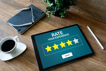 Rate customer experience review. Service and Customer satisfaction. Five Stars rating. Business...