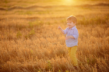 Naklejka na ściany i meble The little lovely boy in the field with straw sheaves
