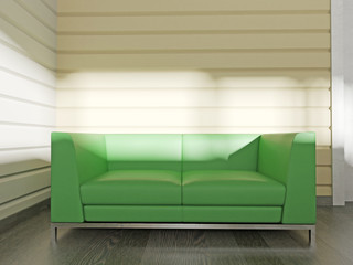Green sofa in modern interior, 3 d rendering