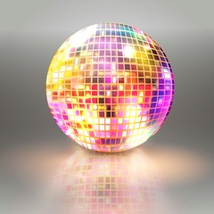 Disco ball isolated illustration. Night Club party light element. Bright mirror color ball design for disco dance club. Vector illustration.