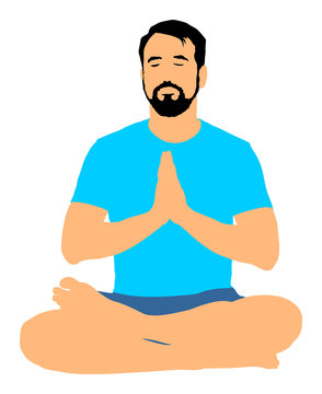 Sport man exercises yoga. Yoga pose vector illustration isolated. Active boy in gym stretching and worming up. Health care activity. Lying down exercise in rehabilitation center. Medical treatment.