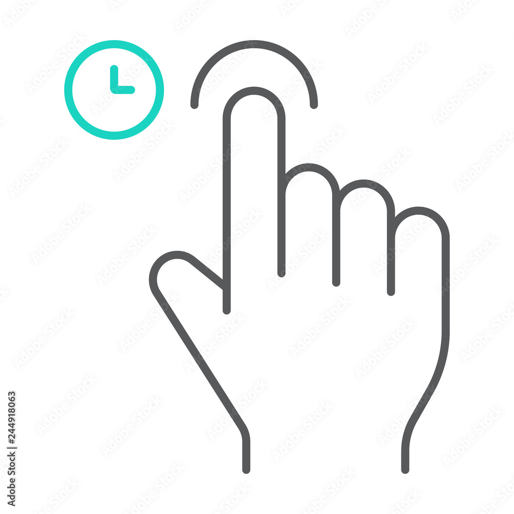 Poster touch and hold thin line icon, gesture and hand, tap sign, vector graphics, a linear pattern on a wh