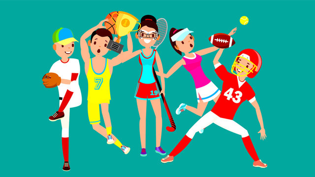 Athlete Set Vector. Man, Woman. Baseball, Basketball, Field Hockey, Tennis, American Football. Group Of Sports People In Uniform, Apparel. Sportsman Character In Game Action. Flat Cartoon Illustration