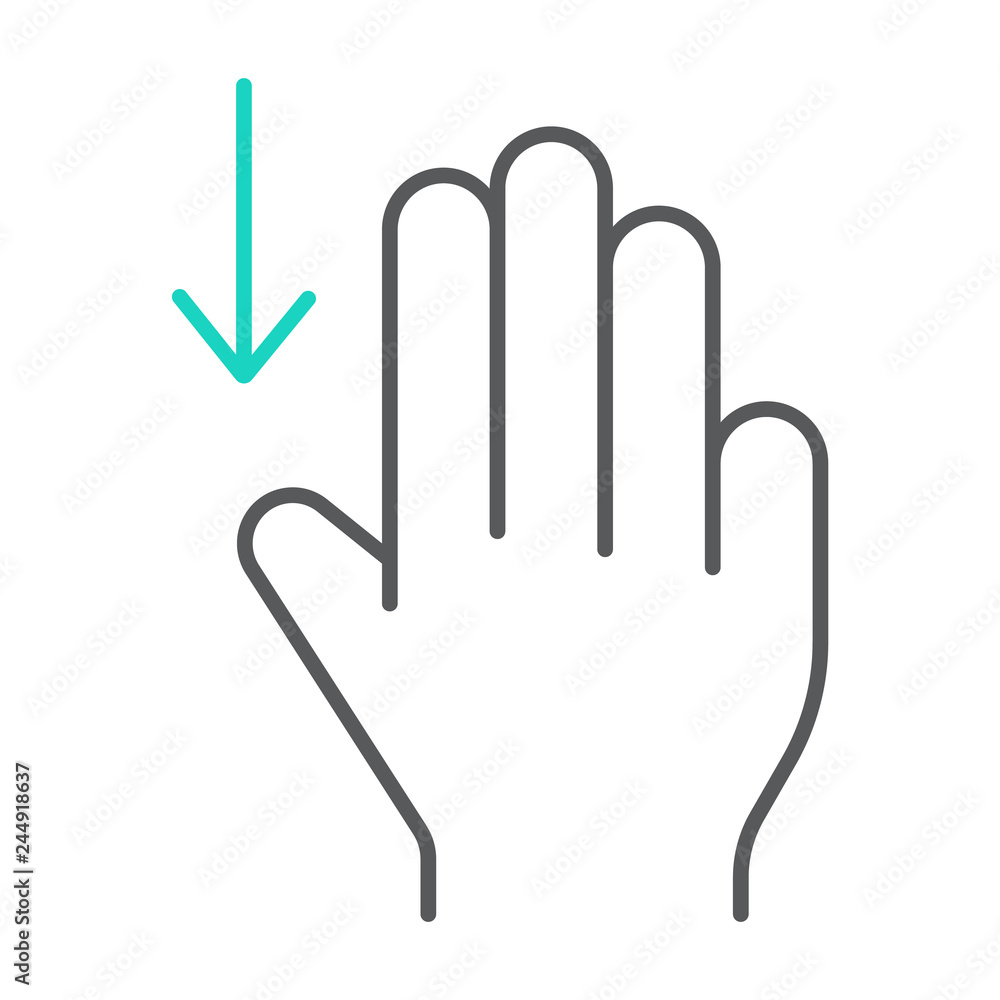 Poster three fingers drag down thin line icon, gesture and hand, scroll down sign, vector graphics, a linea
