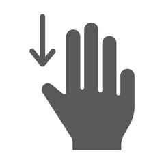Three fingers drag down glyph icon, gesture and hand, scroll down sign, vector graphics, a solid pattern on a white background.