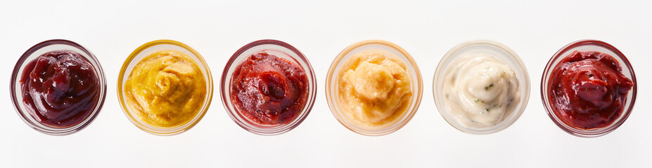 Row of assorted dips, sauces and marinades - obrazy, fototapety, plakaty