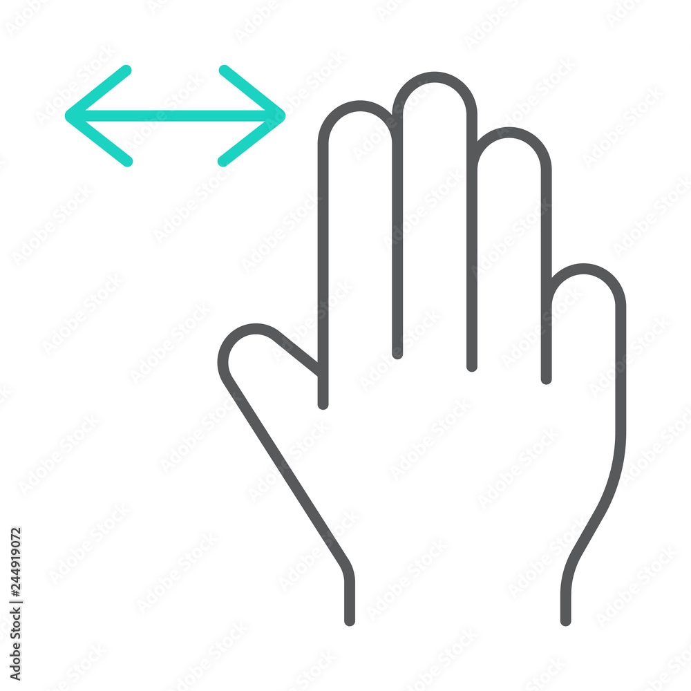 Poster three fingers horizontal scroll thin line icon, gesture and hand, flick sign, vector graphics, a lin