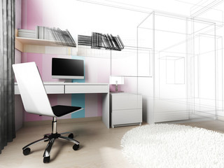 modern workplace in home interior, 3d rendering