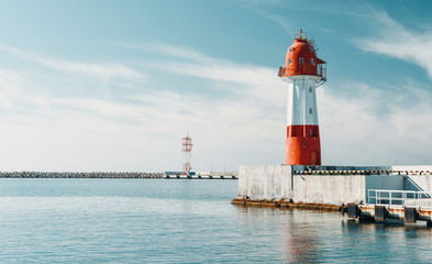 lighthause red, blue sky