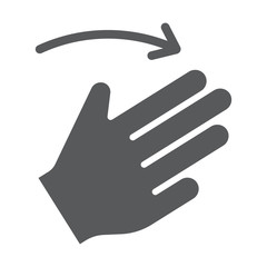 Three fingers flick right glyph icon, gesture and hand, click sign, vector graphics, a solid pattern on a white background.