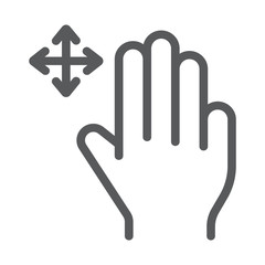 Three fingers free drag line icon, gesture and hand, swipe sign, vector graphics, a linear pattern on a white background.