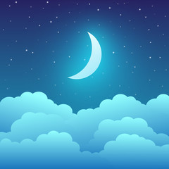 Plakat Crescent moon with clouds and stars in the night sky. Vector illustration